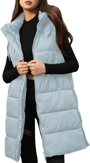 PUWEI Long Puffer Vest Women Quilted Hooded Vest Padded Sleeveless Coat Jackets With Pockets