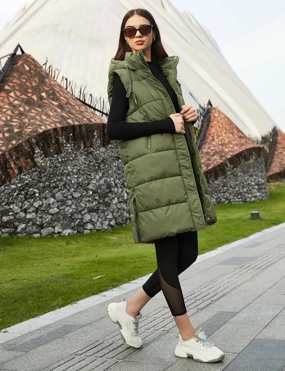 PUWEI Long Puffer Vest Women Quilted Hooded Vest Padded Sleeveless Coat Jackets With Pockets