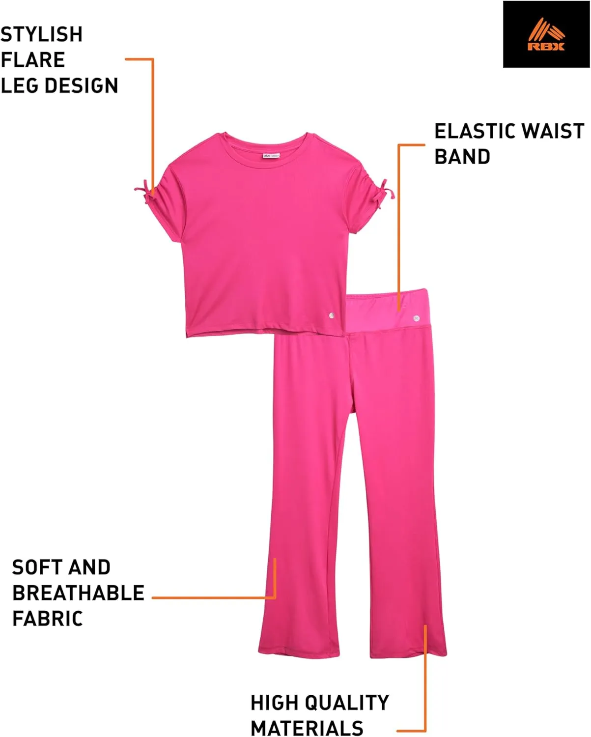 RBX Girls' Flare Leggings Set - 2 Piece Short Sleeve Crew Neck Ribbed T-Shirt and Yoga Wide Leg Pants for Girls (Sizes: 4-12)