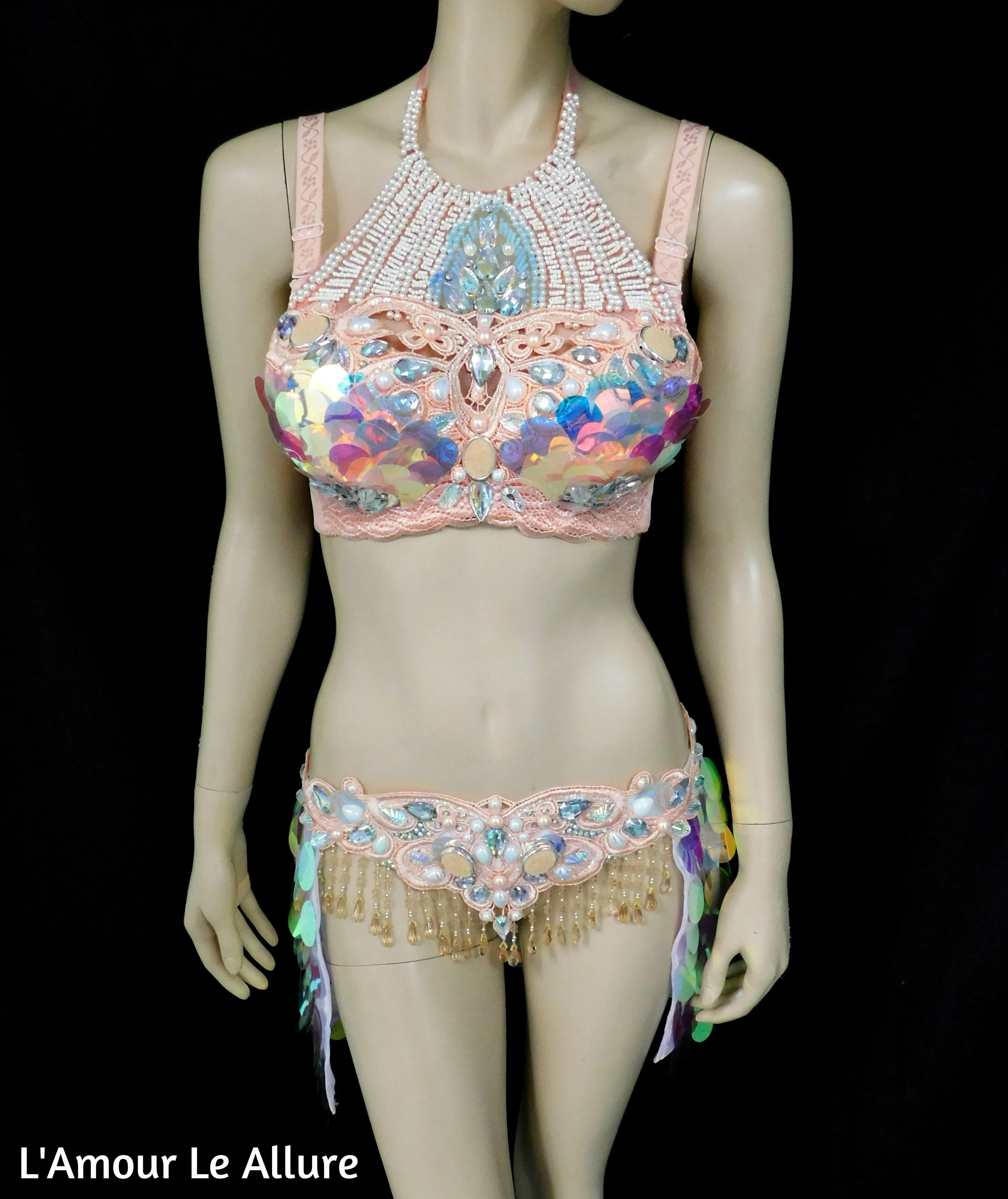 Ready to Ship 34C/36B Peach Mermaid Lace Top and Iridescent Sequin Skirt