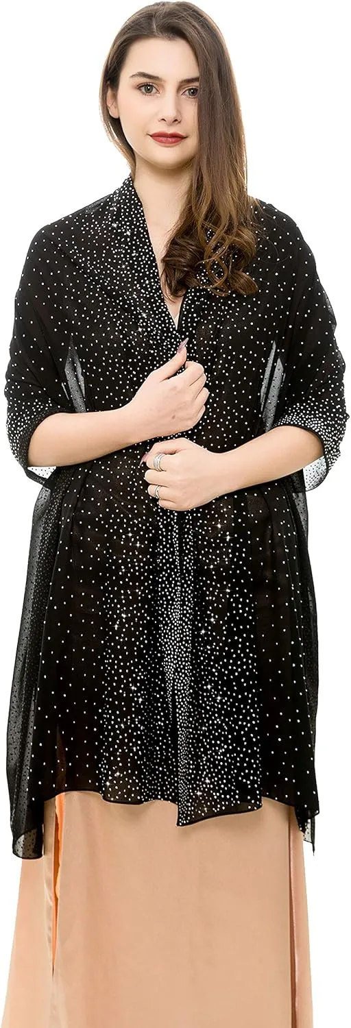 REEMONDE Womens Rhinestones Pashmina Shawls and Wraps for Evening Dresses Chiffon Shawl Sparkly Scarf
