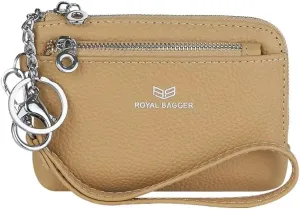 RFID Coin Purse with Keychain, Genuine Leather Multi Zipper Clutch Wallet, Portable Wristlet Card Holder (Apricot)
