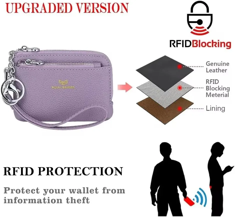 RFID Coin Purse with Keychain, Genuine Leather Multi Zipper Clutch Wallet, Portable Wristlet Card Holder (Apricot)