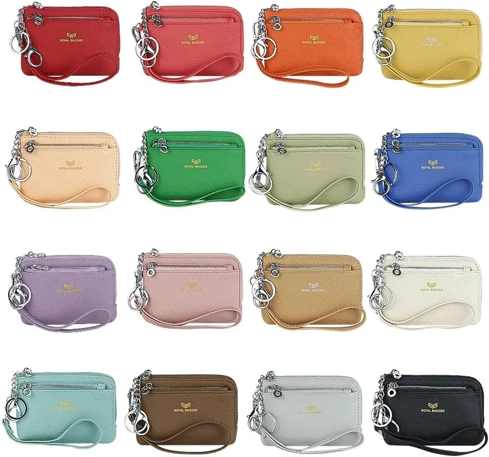 RFID Coin Purse with Keychain, Genuine Leather Multi Zipper Clutch Wallet, Portable Wristlet Card Holder (Green)