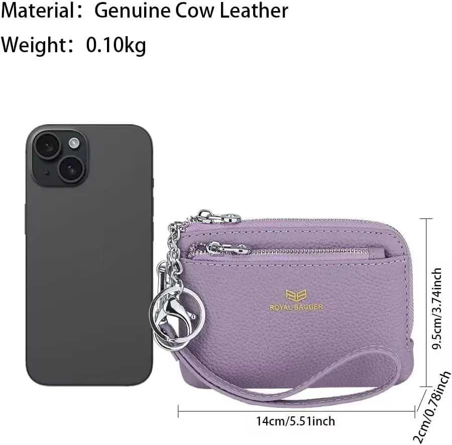 RFID Coin Purse with Keychain, Genuine Leather Multi Zipper Clutch Wallet, Portable Wristlet Card Holder (Green)