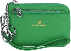 RFID Coin Purse with Keychain, Genuine Leather Multi Zipper Clutch Wallet, Portable Wristlet Card Holder (Green)