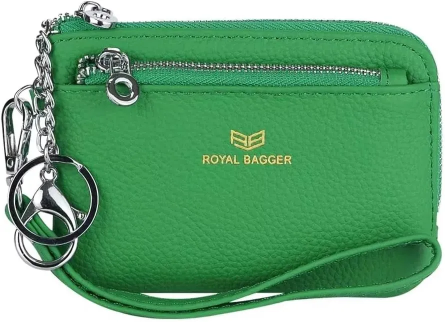 RFID Coin Purse with Keychain, Genuine Leather Multi Zipper Clutch Wallet, Portable Wristlet Card Holder (Green)
