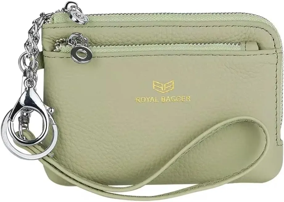 RFID Coin Purse with Keychain, Genuine Leather Multi Zipper Clutch Wallet, Portable Wristlet Card Holder (Light Green)