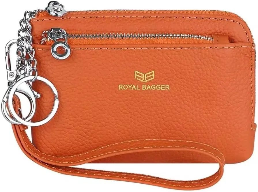RFID Coin Purse with Keychain, Genuine Leather Multi Zipper Clutch Wallet, Portable Wristlet Card Holder (Orange)