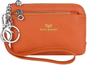 RFID Coin Purse with Keychain, Genuine Leather Multi Zipper Clutch Wallet, Portable Wristlet Card Holder (Orange)
