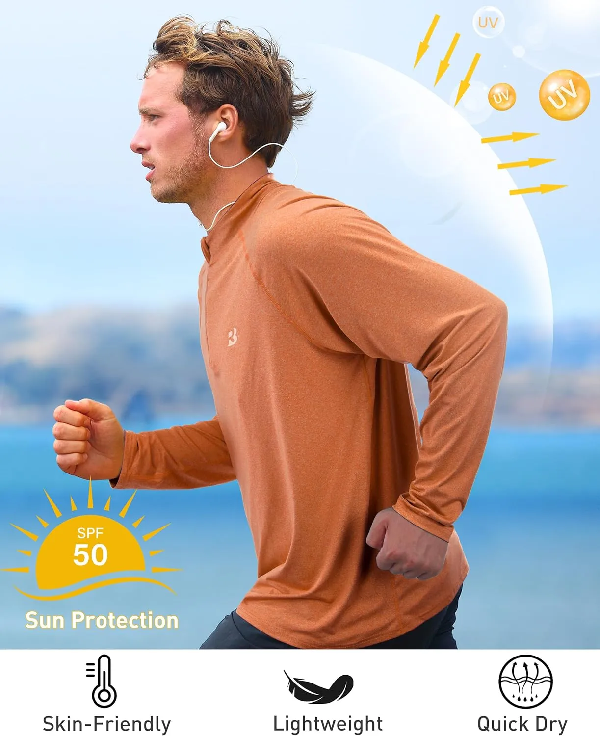 Roadbox Quarter Zip Pullover Men Sun Shirts, Running Workout Long Sleeve UV Shirt, UPF 50  Quick Dry Athletic Rash Guard