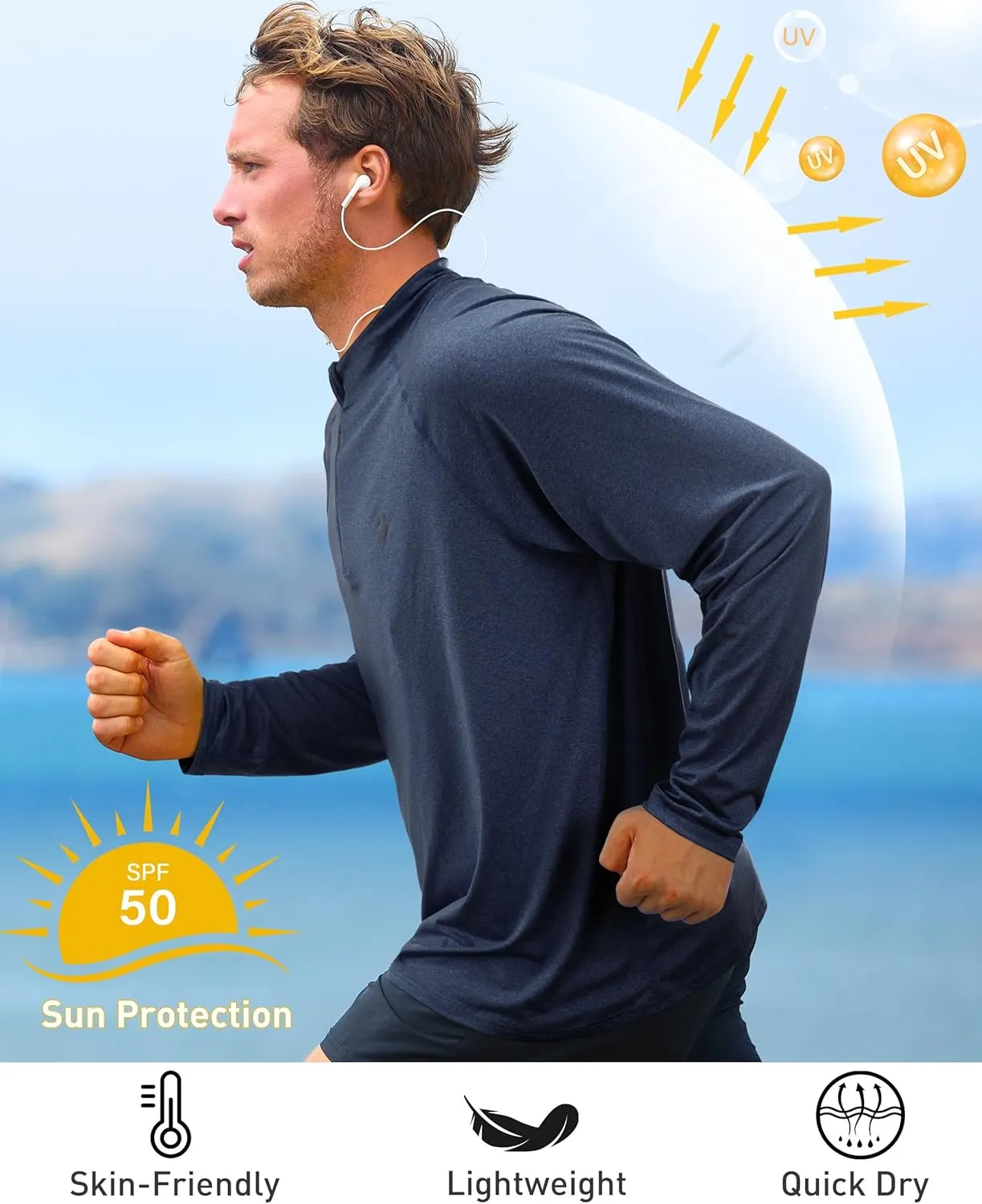 Roadbox Quarter Zip Pullover Men Sun Shirts, Running Workout Long Sleeve UV Shirt, UPF 50  Quick Dry Athletic Rash Guard