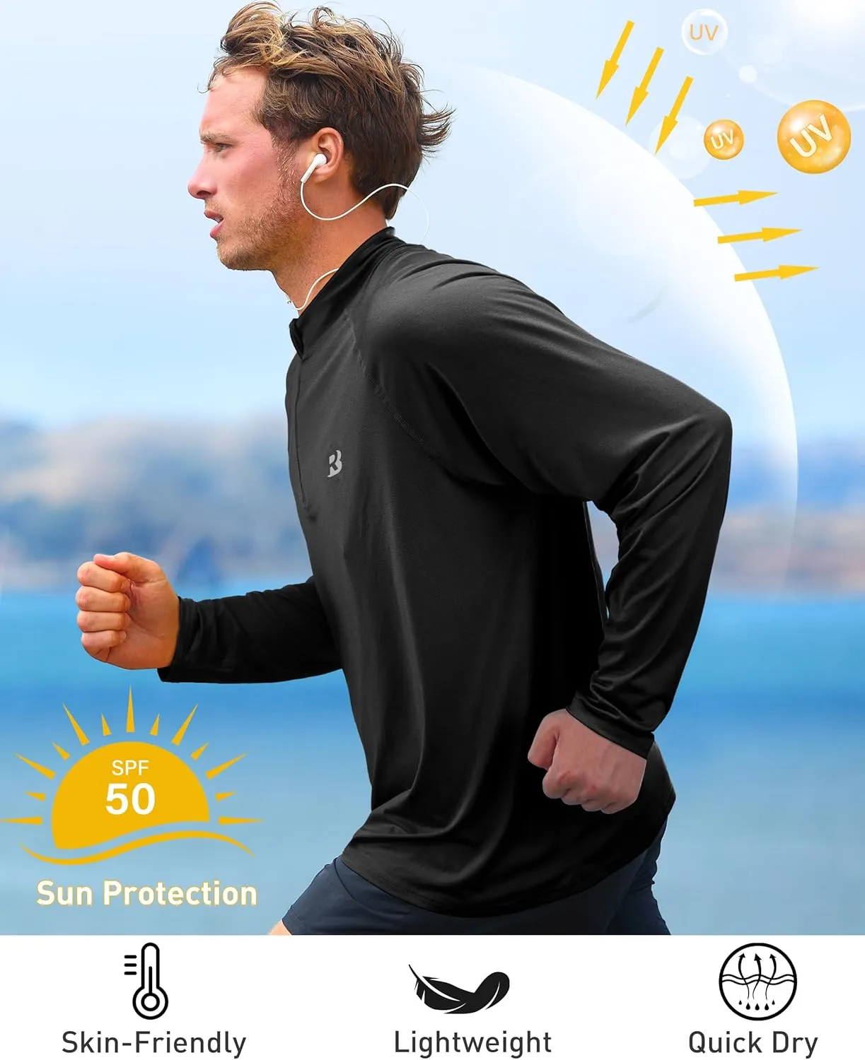 Roadbox Quarter Zip Pullover Men Sun Shirts, Running Workout Long Sleeve UV Shirt, UPF 50  Quick Dry Athletic Rash Guard