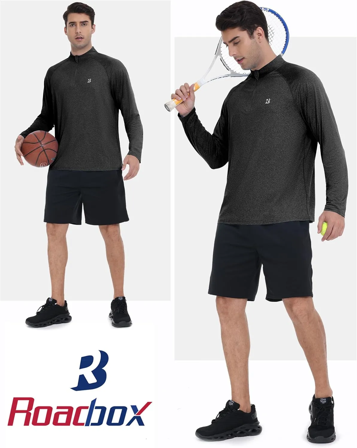 Roadbox Quarter Zip Pullover Men Sun Shirts, Running Workout Long Sleeve UV Shirt, UPF 50  Quick Dry Athletic Rash Guard