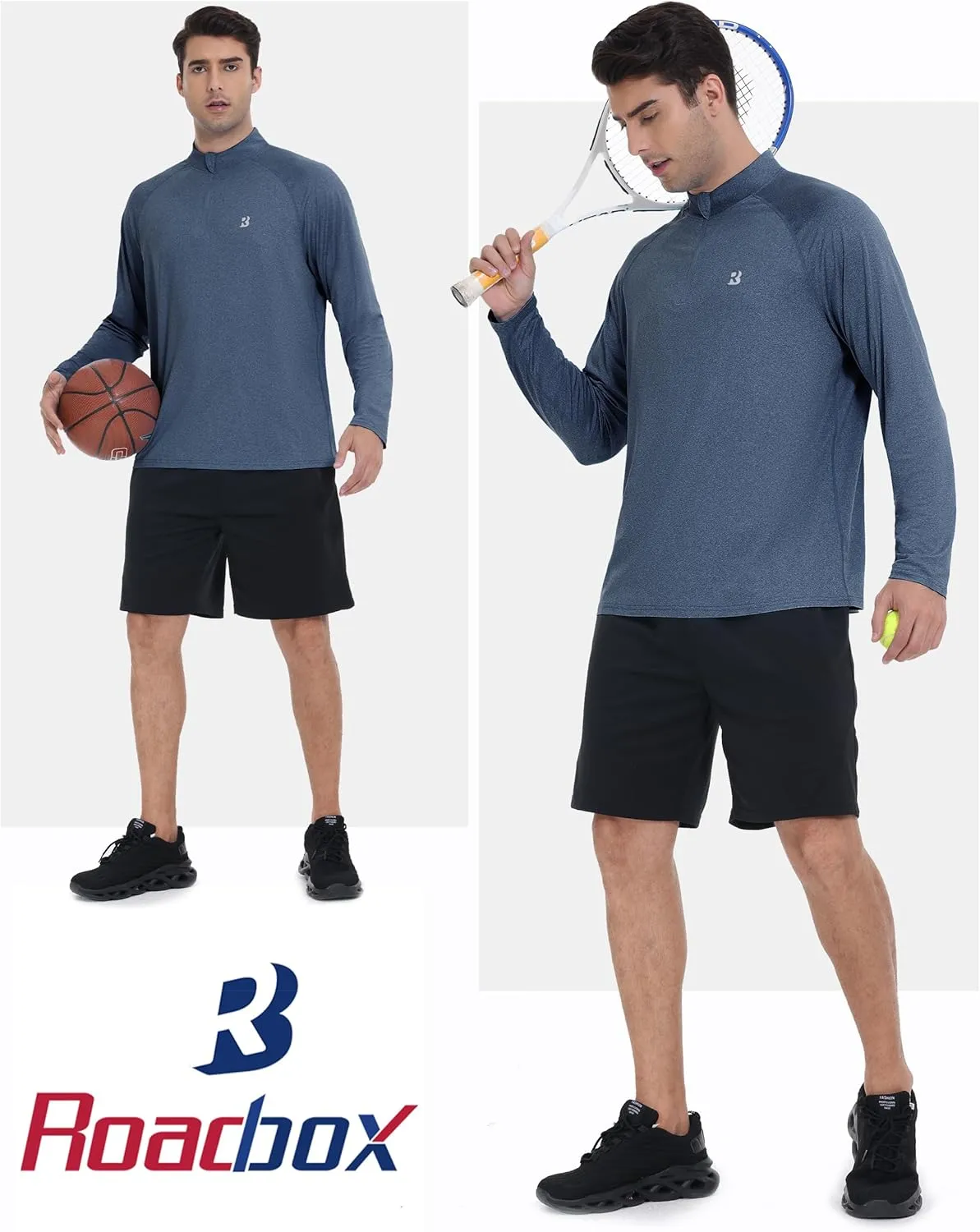 Roadbox Quarter Zip Pullover Men Sun Shirts, Running Workout Long Sleeve UV Shirt, UPF 50  Quick Dry Athletic Rash Guard