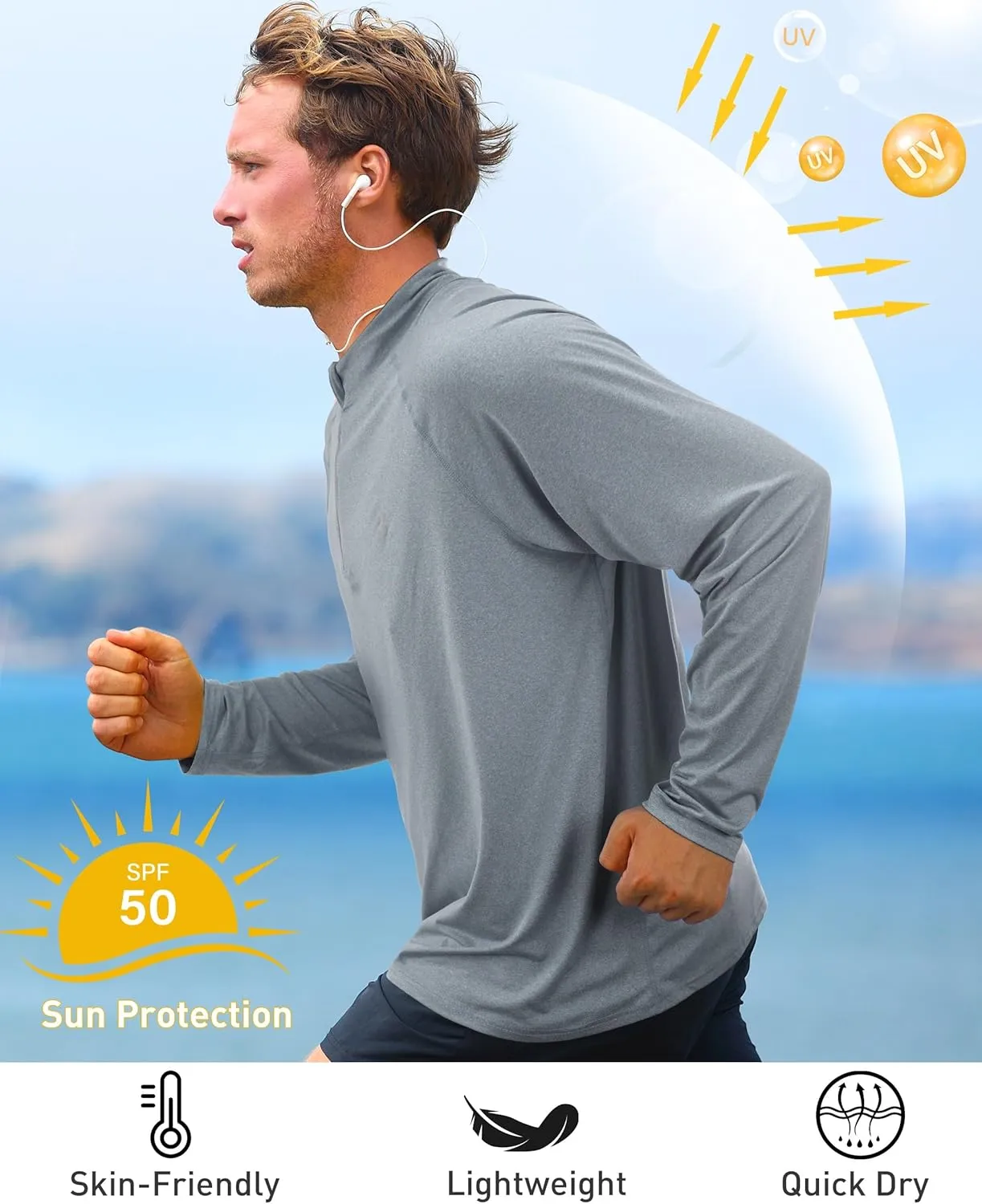 Roadbox Quarter Zip Pullover Men Sun Shirts, Running Workout Long Sleeve UV Shirt, UPF 50  Quick Dry Athletic Rash Guard