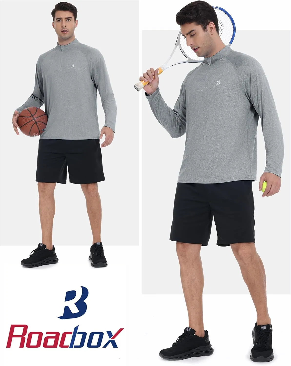 Roadbox Quarter Zip Pullover Men Sun Shirts, Running Workout Long Sleeve UV Shirt, UPF 50  Quick Dry Athletic Rash Guard