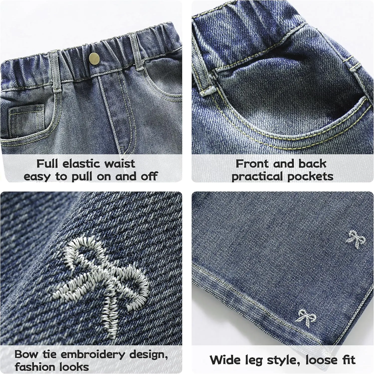 Rolanko Girls Jeans Denim Elastic Wasit Wide Leg Baggy Pants Kids Clothes 4-14 Years