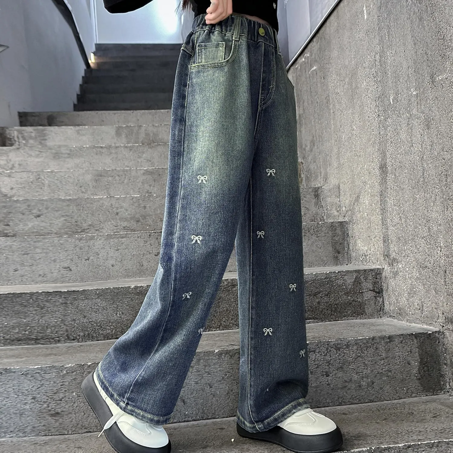 Rolanko Girls Jeans Denim Elastic Wasit Wide Leg Baggy Pants Kids Clothes 4-14 Years