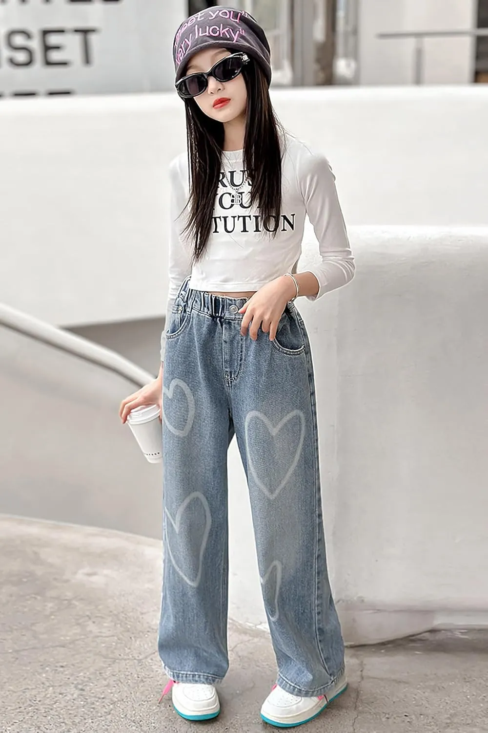 Rolanko Girls Jeans Denim Elastic Wasit Wide Leg Baggy Pants Kids Clothes 4-14 Years