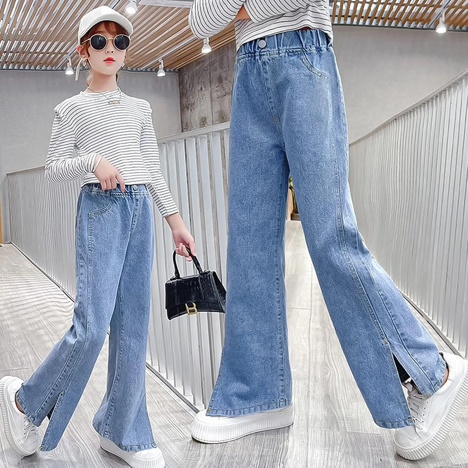 Rolanko Girls Jeans Denim Elastic Wasit Wide Leg Baggy Pants Kids Clothes 4-14 Years