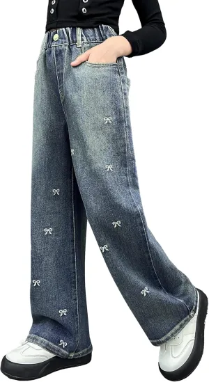 Rolanko Girls Jeans Denim Elastic Wasit Wide Leg Baggy Pants Kids Clothes 4-14 Years