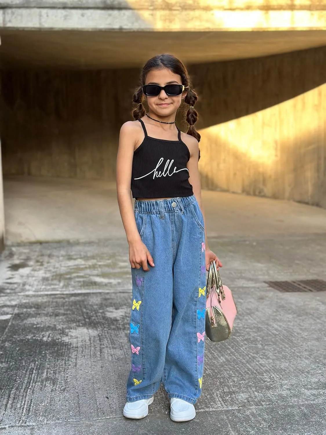 Rolanko Girls Jeans Denim Elastic Wasit Wide Leg Baggy Pants Kids Clothes 4-14 Years