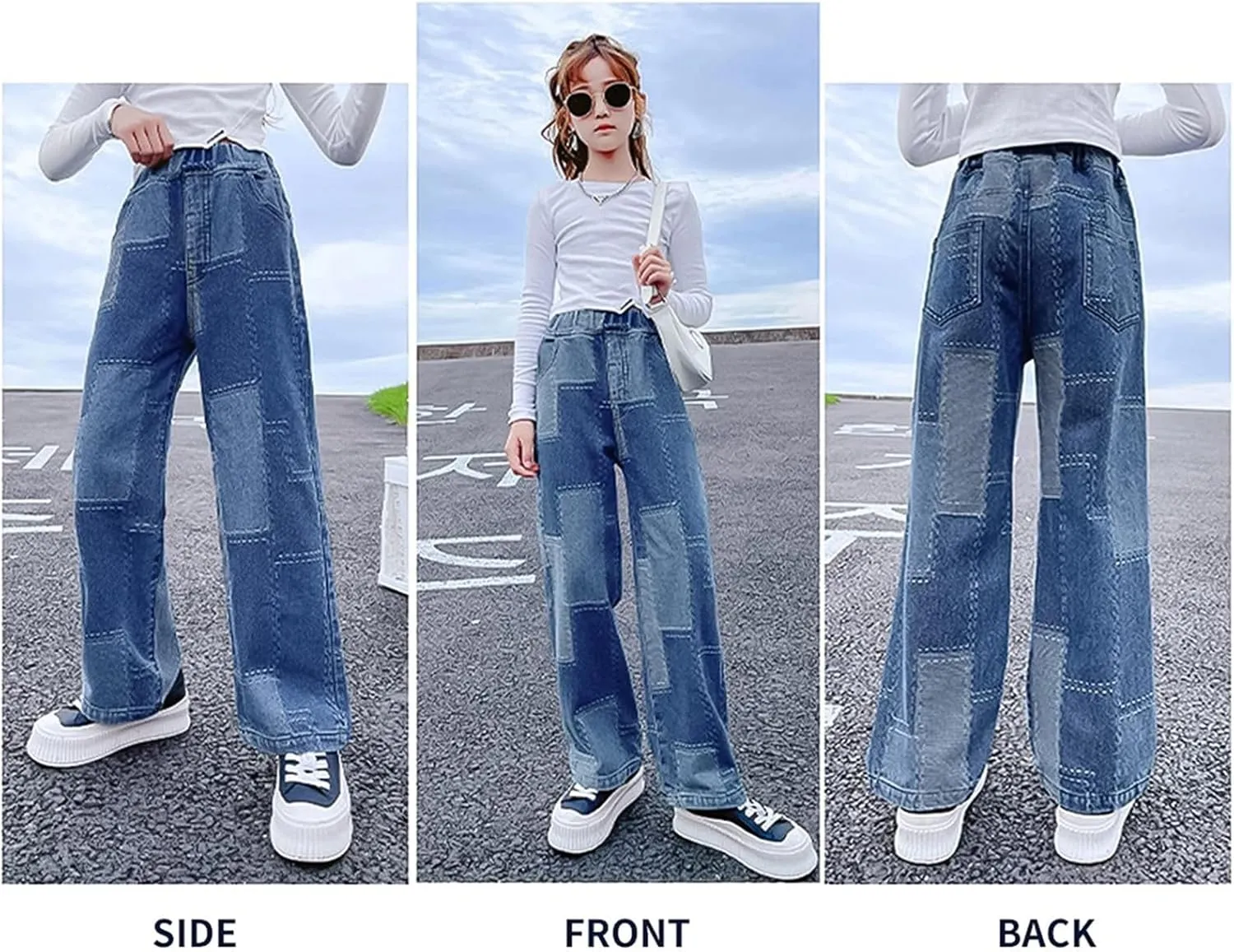 Rolanko Girls Jeans Denim Elastic Wasit Wide Leg Baggy Pants Kids Clothes 4-14 Years