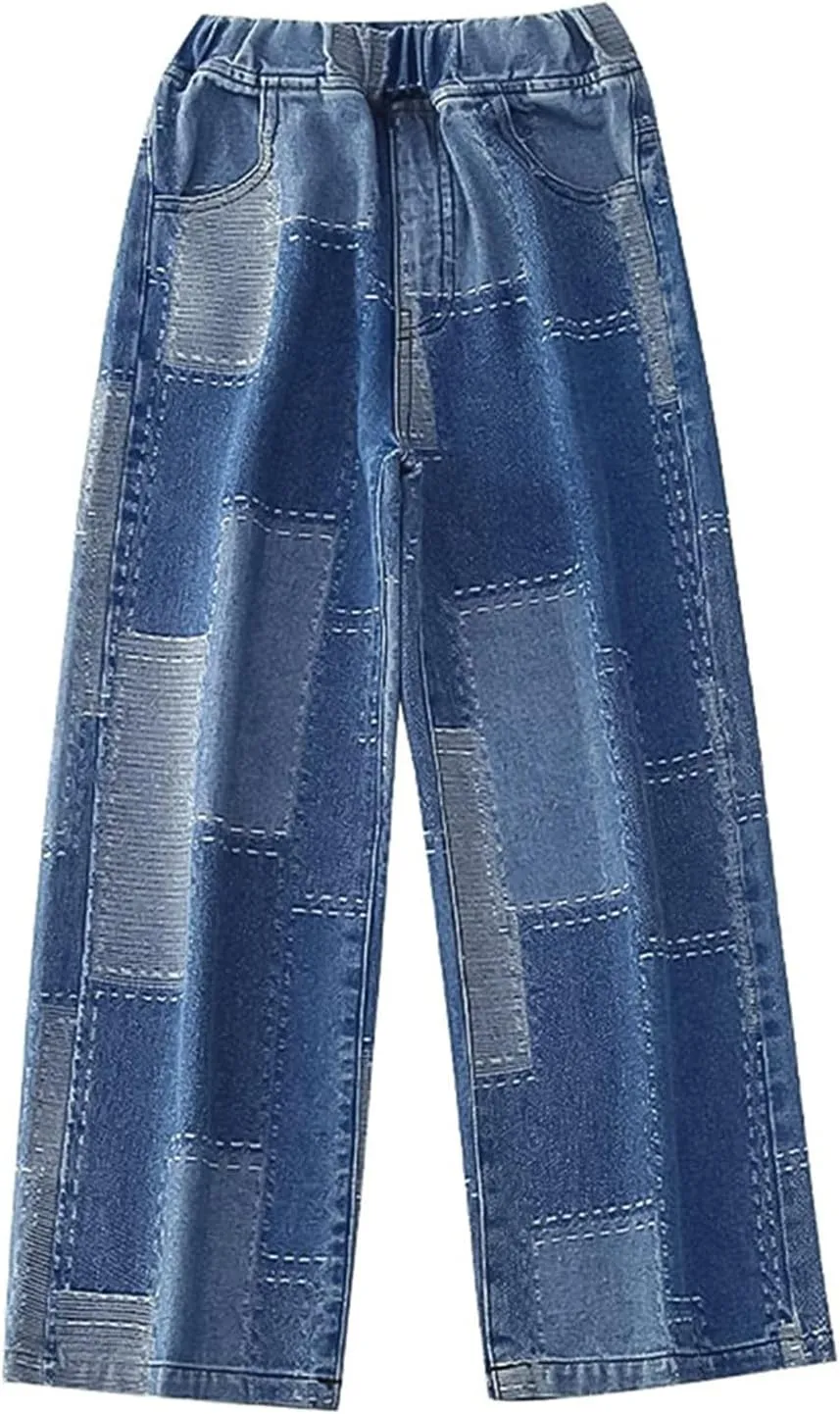 Rolanko Girls Jeans Denim Elastic Wasit Wide Leg Baggy Pants Kids Clothes 4-14 Years