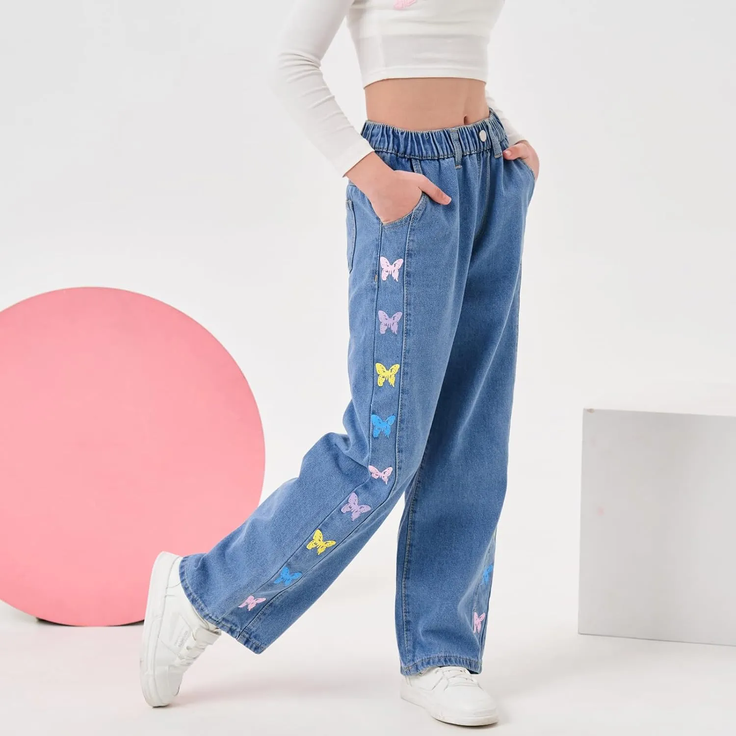 Rolanko Girls Jeans Denim Elastic Wasit Wide Leg Baggy Pants Kids Clothes 4-14 Years