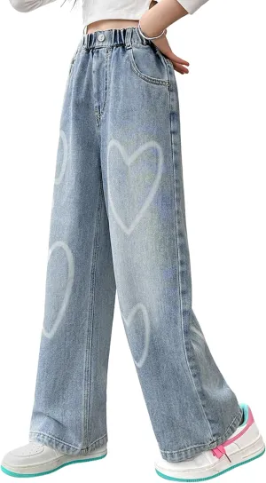 Rolanko Girls Jeans Denim Elastic Wasit Wide Leg Baggy Pants Kids Clothes 4-14 Years
