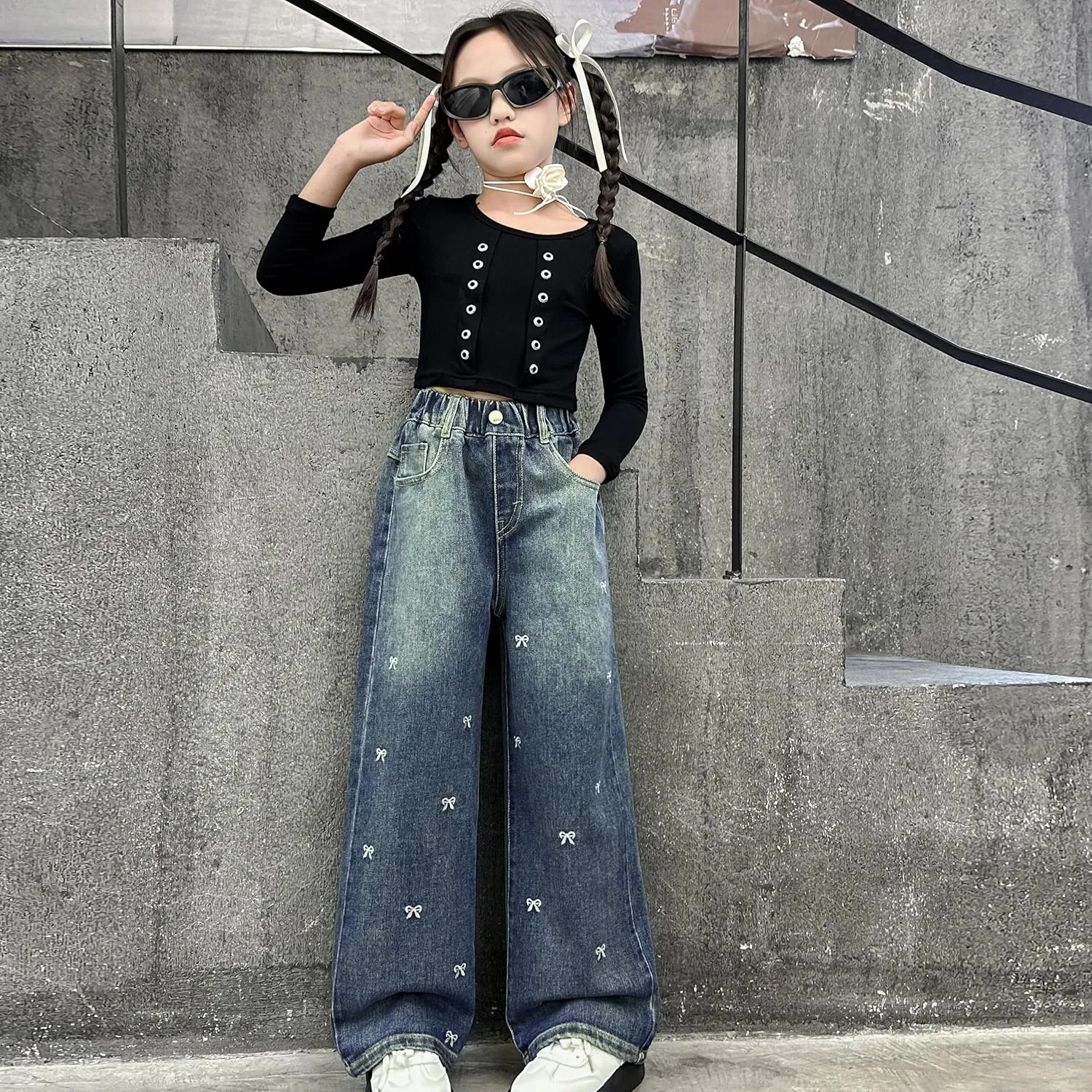 Rolanko Girls Jeans Denim Elastic Wasit Wide Leg Baggy Pants Kids Clothes 4-14 Years
