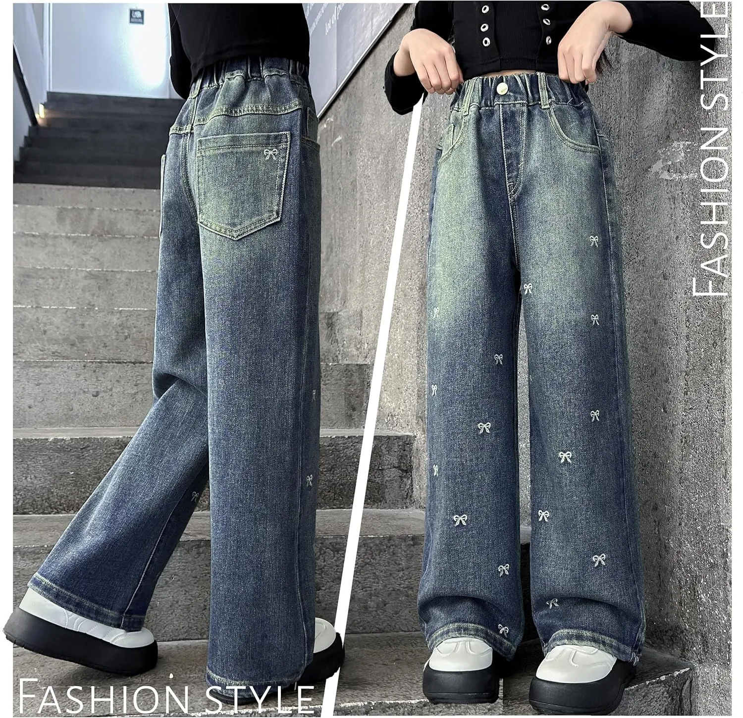 Rolanko Girls Jeans Denim Elastic Wasit Wide Leg Baggy Pants Kids Clothes 4-14 Years