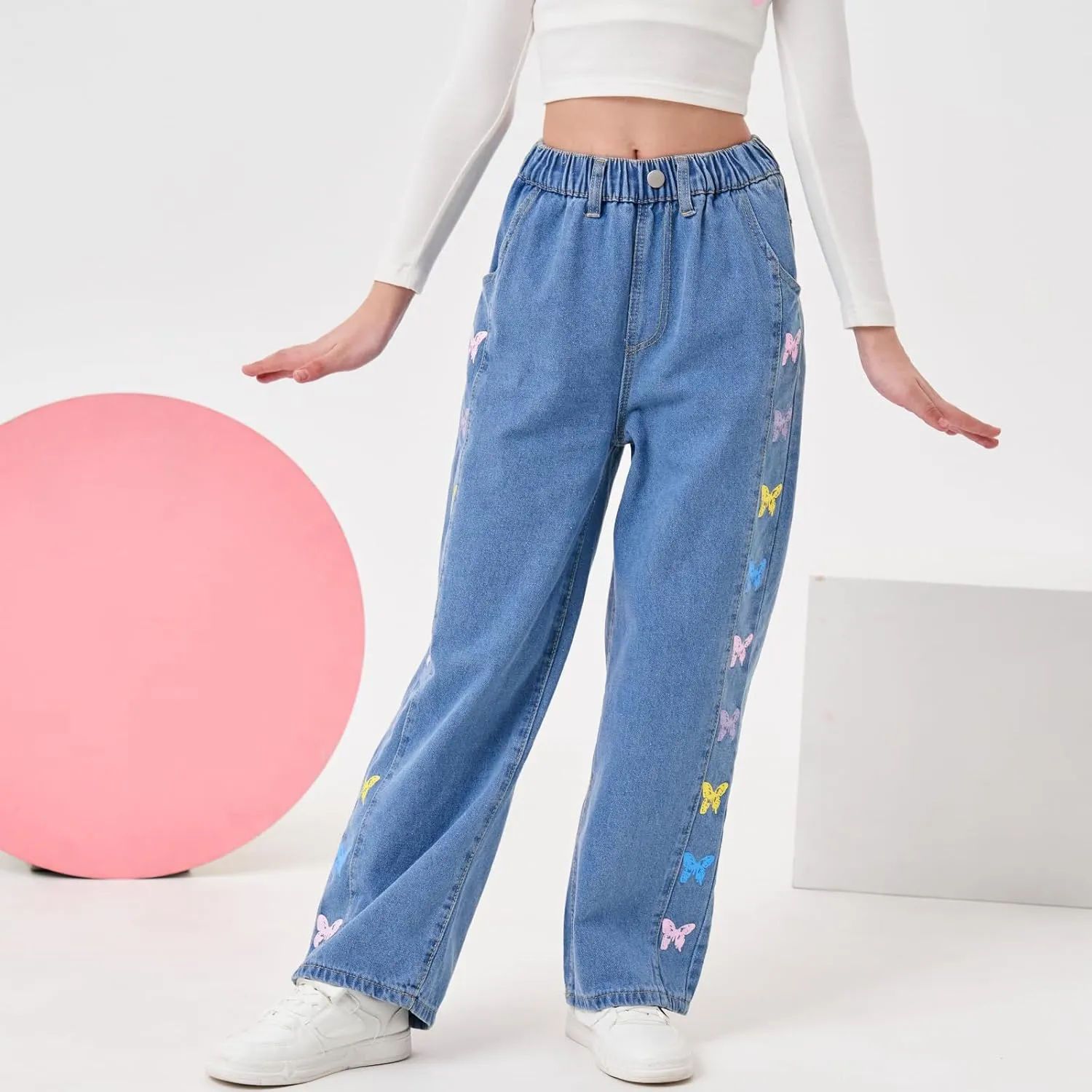 Rolanko Girls Jeans Denim Elastic Wasit Wide Leg Baggy Pants Kids Clothes 4-14 Years