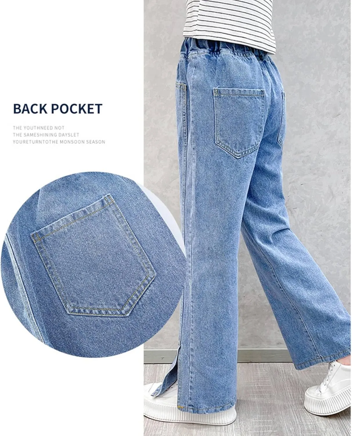 Rolanko Girls Jeans Denim Elastic Wasit Wide Leg Baggy Pants Kids Clothes 4-14 Years