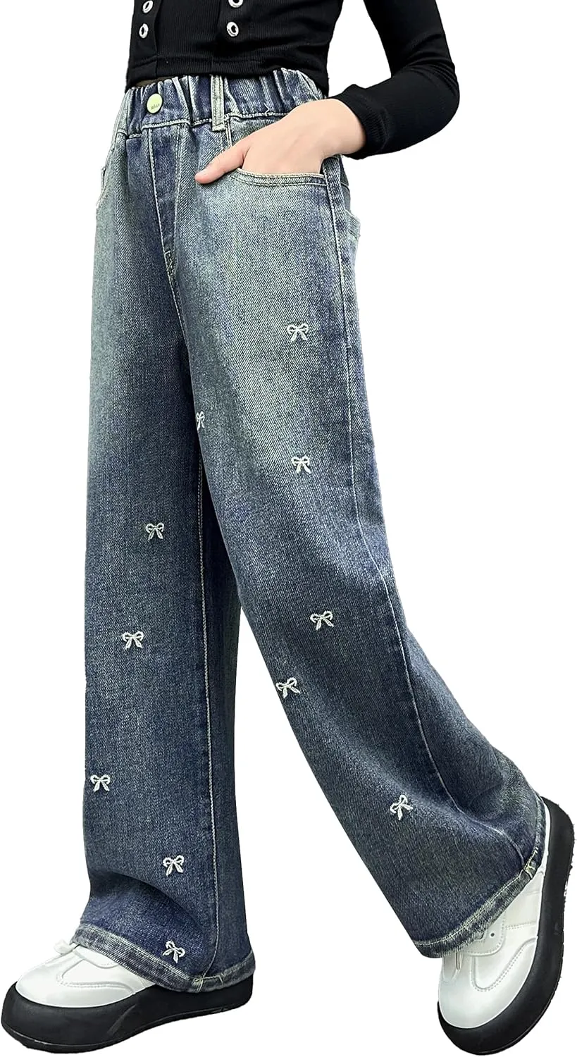 Rolanko Girls Jeans Denim Elastic Wasit Wide Leg Baggy Pants Kids Clothes 4-14 Years