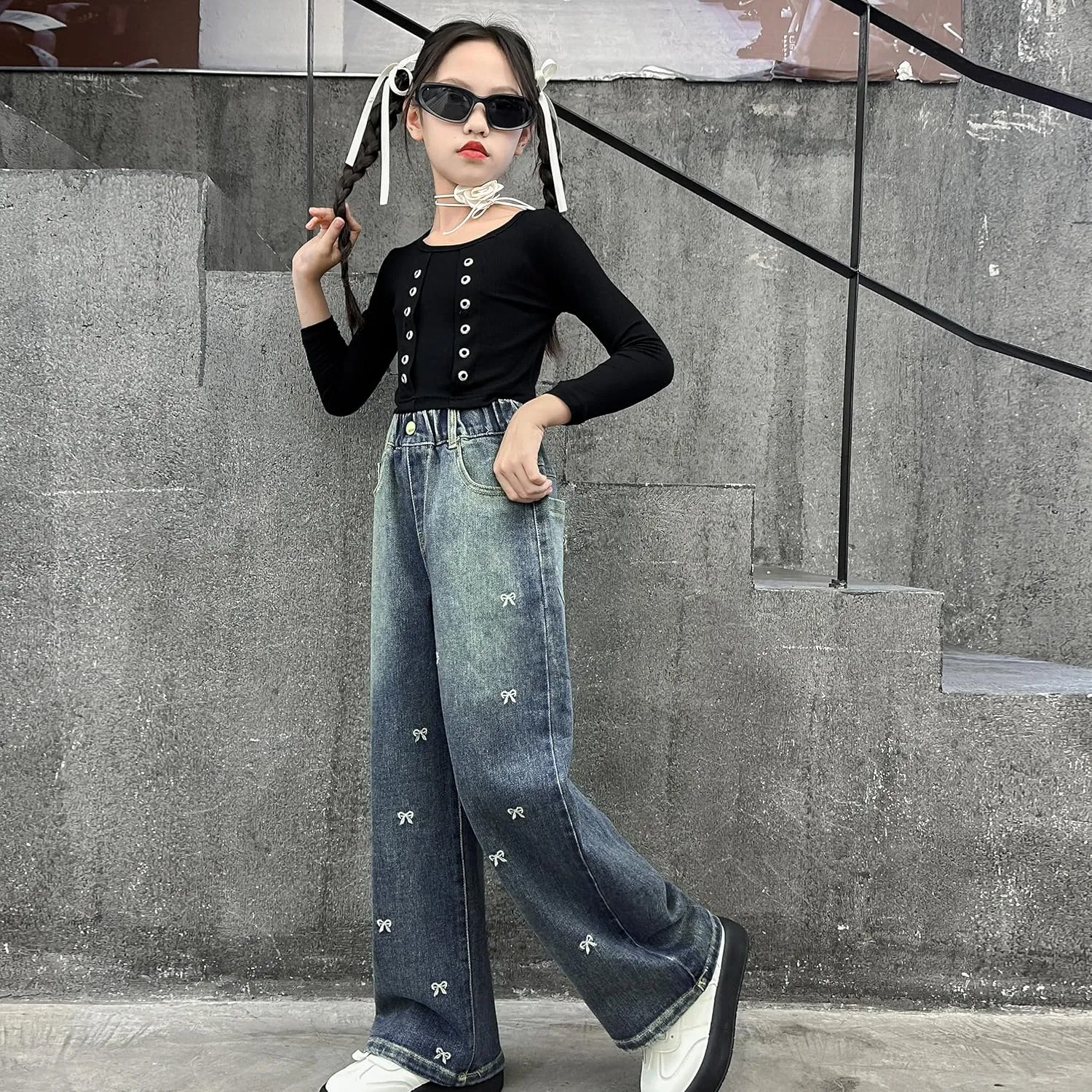 Rolanko Girls Jeans Denim Elastic Wasit Wide Leg Baggy Pants Kids Clothes 4-14 Years