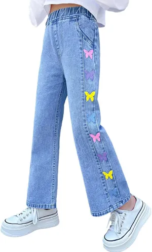 Rolanko Girls Jeans Denim Elastic Wasit Wide Leg Baggy Pants Kids Clothes 4-14 Years