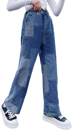 Rolanko Girls Jeans Denim Elastic Wasit Wide Leg Baggy Pants Kids Clothes 4-14 Years