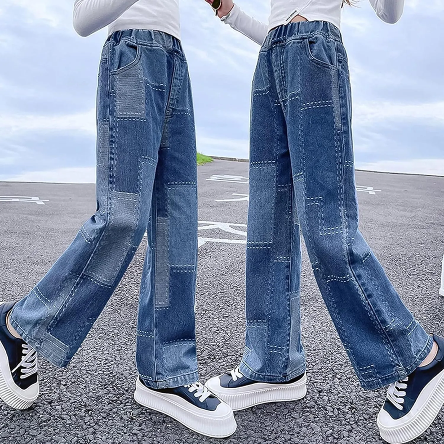 Rolanko Girls Jeans Denim Elastic Wasit Wide Leg Baggy Pants Kids Clothes 4-14 Years
