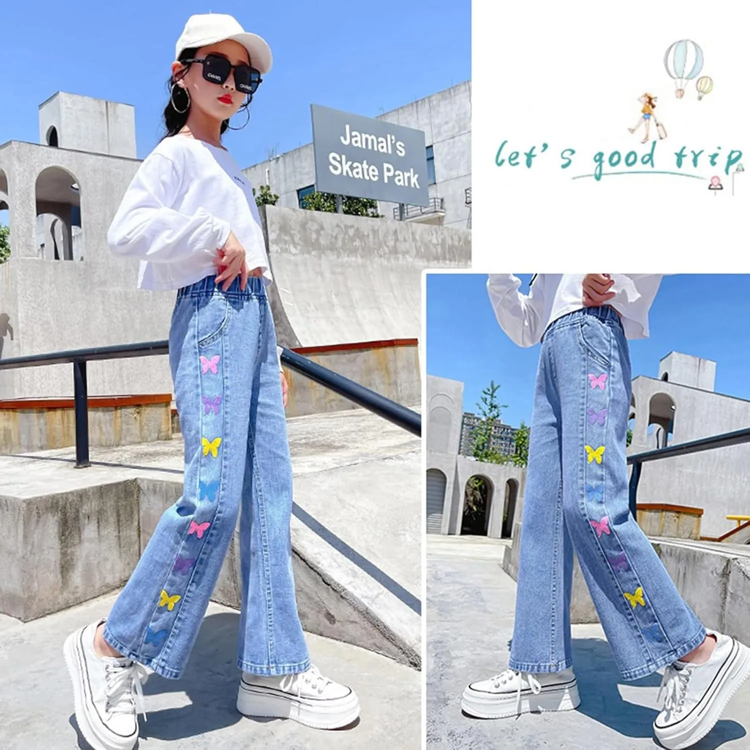 Rolanko Girls Jeans Denim Elastic Wasit Wide Leg Baggy Pants Kids Clothes 4-14 Years