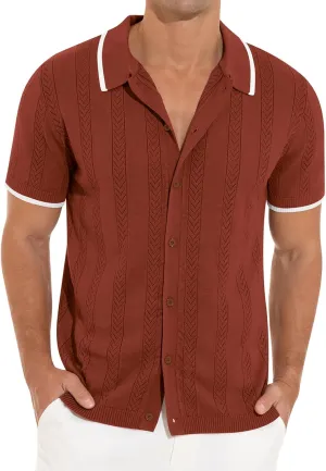 RQP Men's Casual Button Down Shirt Short Sleeve Vintage Clothes Knit Polo Shirts Summer Beach Shirts