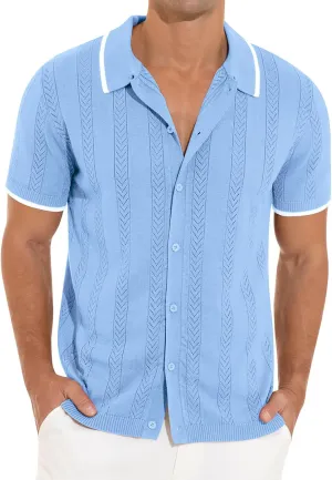 RQP Men's Casual Button Down Shirt Short Sleeve Vintage Clothes Knit Polo Shirts Summer Beach Shirts