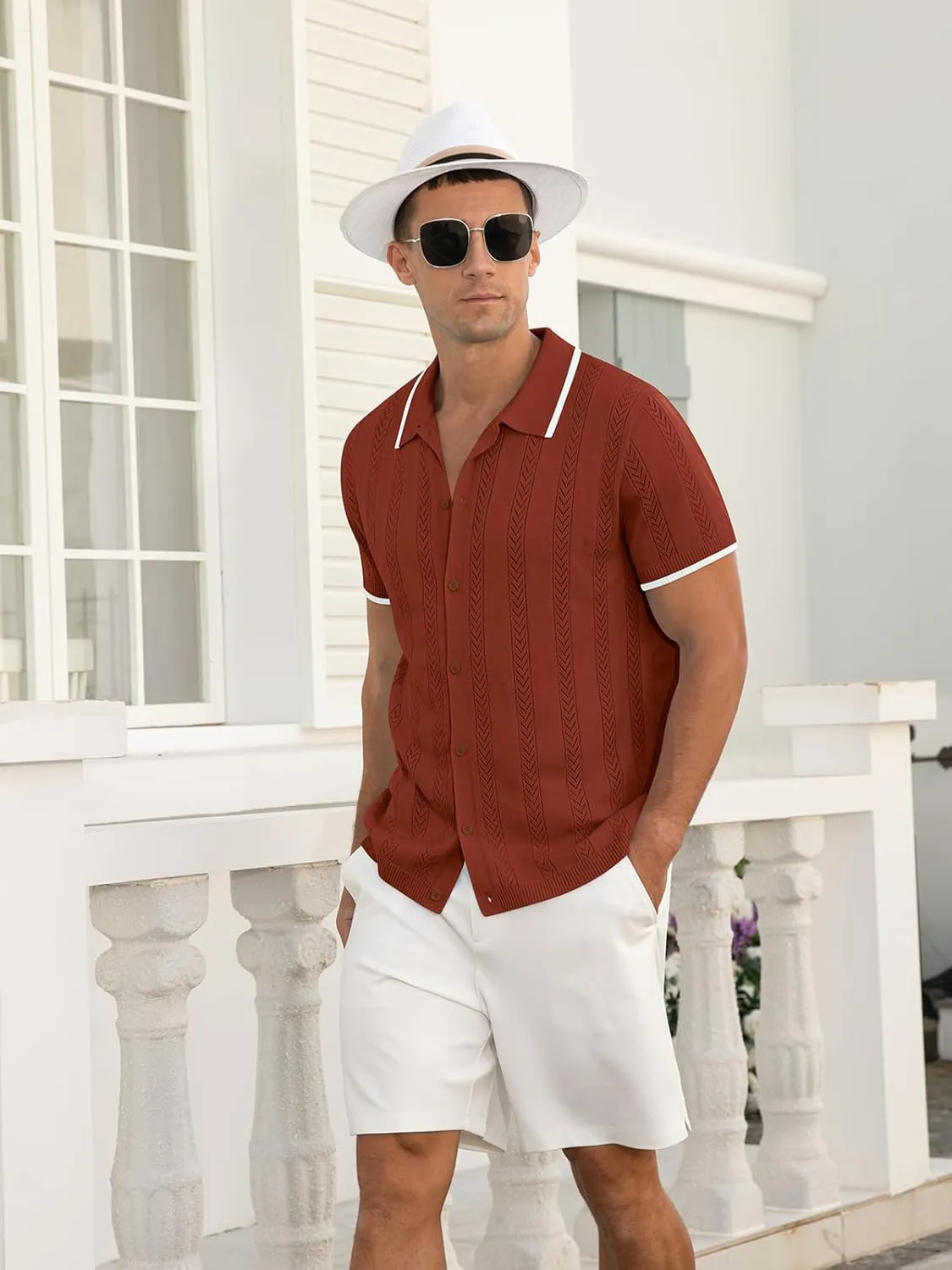 RQP Men's Casual Button Down Shirt Short Sleeve Vintage Clothes Knit Polo Shirts Summer Beach Shirts