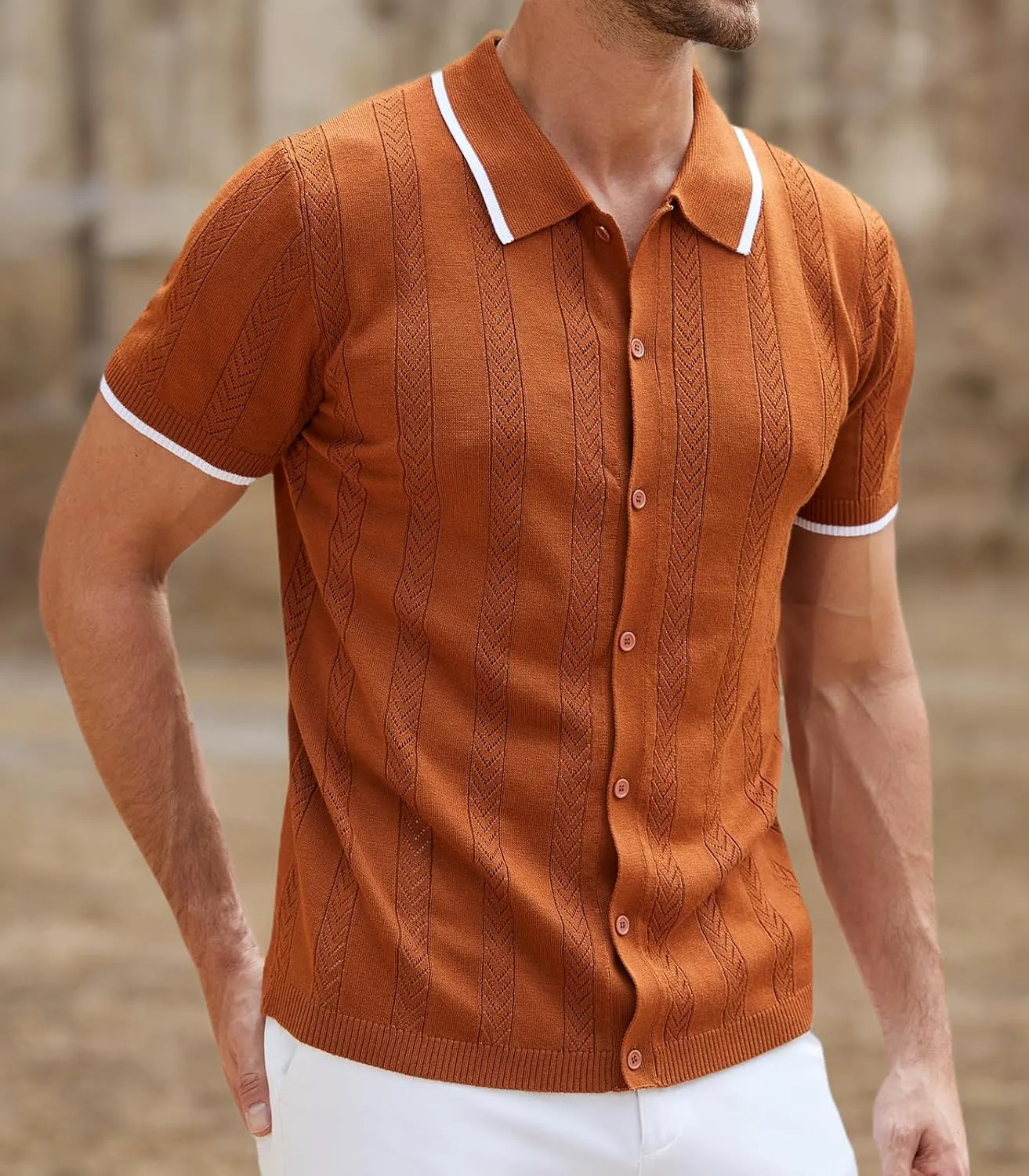 RQP Men's Casual Button Down Shirt Short Sleeve Vintage Clothes Knit Polo Shirts Summer Beach Shirts