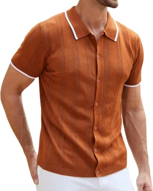 RQP Men's Casual Button Down Shirt Short Sleeve Vintage Clothes Knit Polo Shirts Summer Beach Shirts