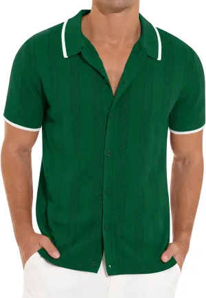 RQP Men's Casual Button Down Shirt Short Sleeve Vintage Clothes Knit Polo Shirts Summer Beach Shirts