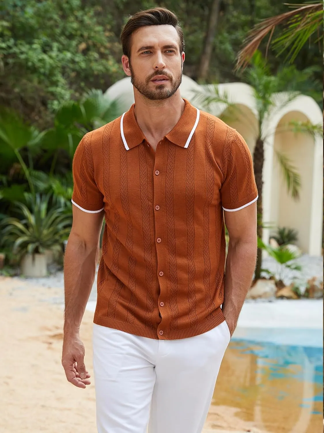RQP Men's Casual Button Down Shirt Short Sleeve Vintage Clothes Knit Polo Shirts Summer Beach Shirts