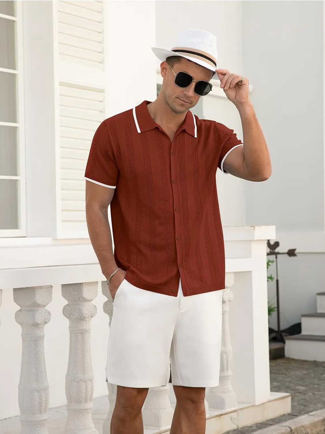 RQP Men's Casual Button Down Shirt Short Sleeve Vintage Clothes Knit Polo Shirts Summer Beach Shirts