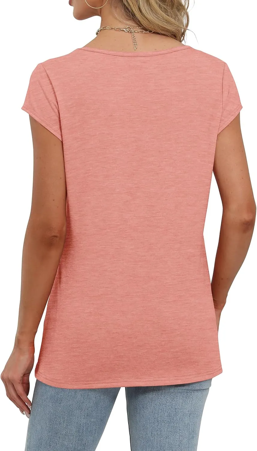 Saloogoe Womens Summer Tops 2025 Cap Sleeve U Neck T Shirts Short Sleeve Tshirts Shirts Beach Fashion Vacation Outfits